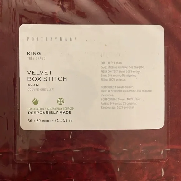 Pottery Barn Velvet Box Stitch King Size Sham - Rich Red set of two - Picture 2 of 8